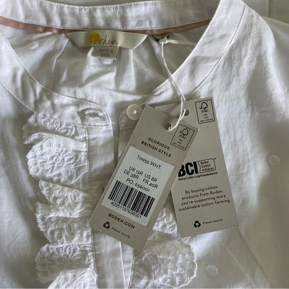 Boden Sleeveless Embroidered Shirt White Ruffle Button Down Cotton US 8 NWT - Picture 3 of 9